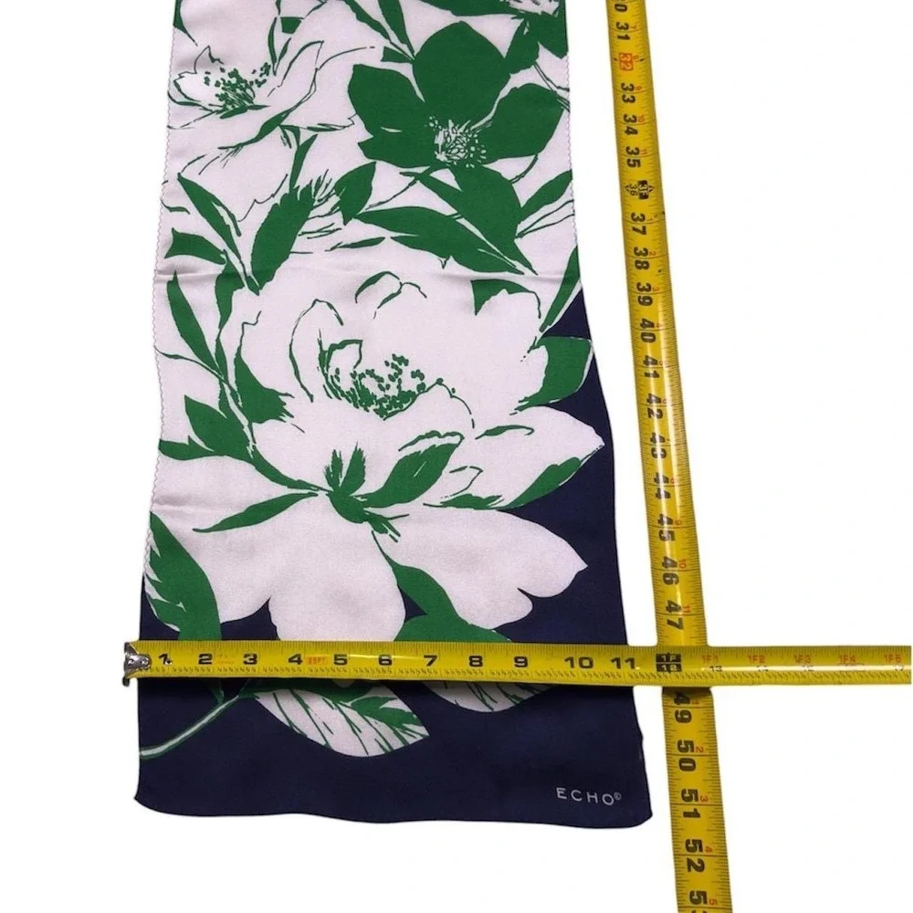 Vtg Echo Silk Scarf Women 11x51 Navy Green White Floral Oblong Scarflette Preppy